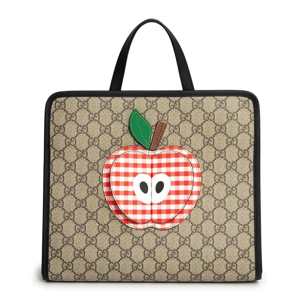 Gucci Apple Gingham Check GG Supreme Canvas Beige Cream Black Red Handbag Tote